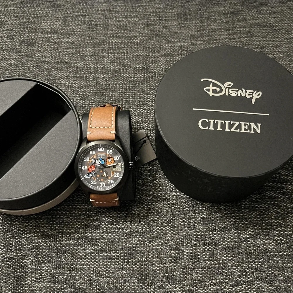 Citizen Eco-Drive Mickey Sport Watch Mens 44mm Gray Dial Brown Leather New Box
